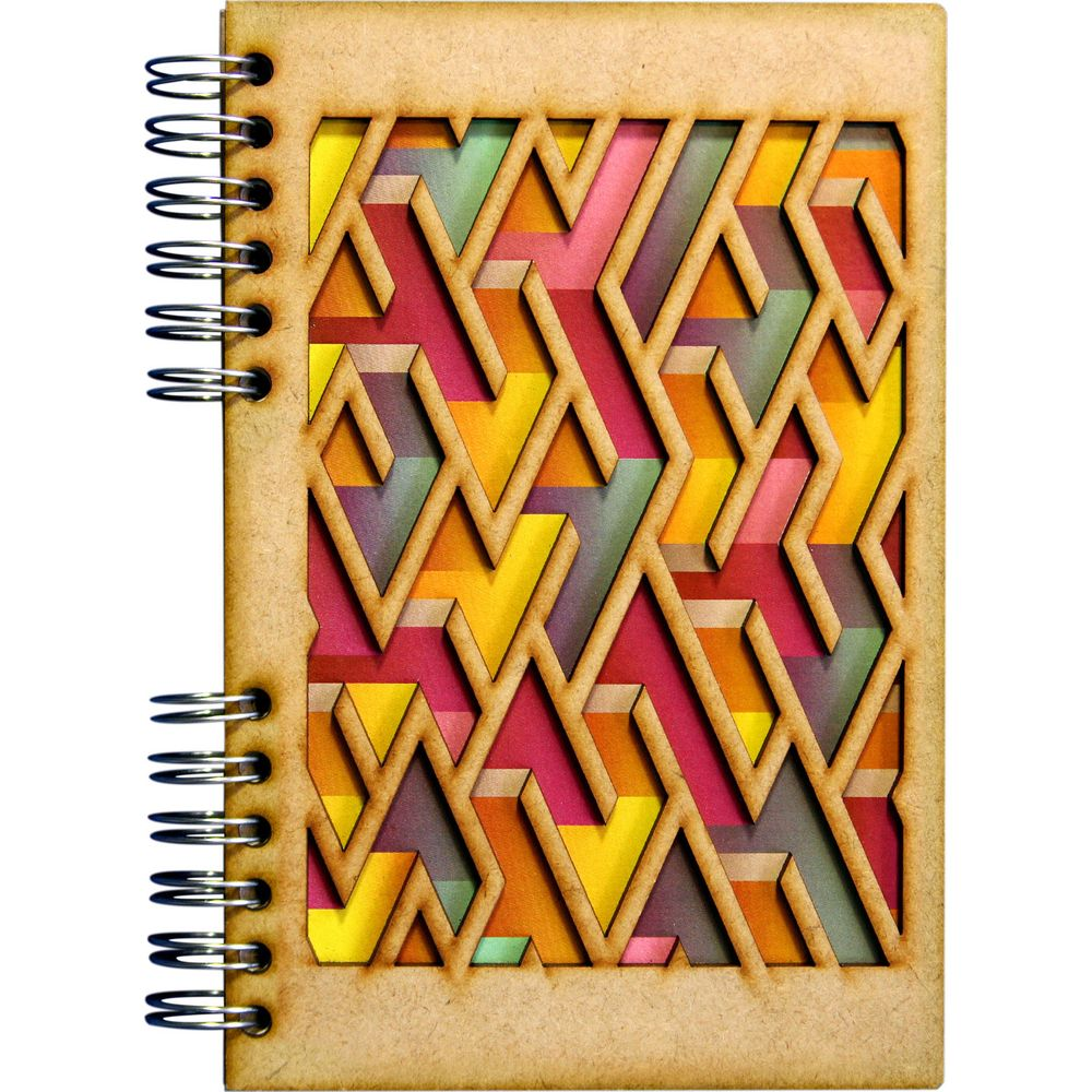 Notizbuch mit einem geschnitzten Deckel und einem geometrischen Muster in bunten Farben.