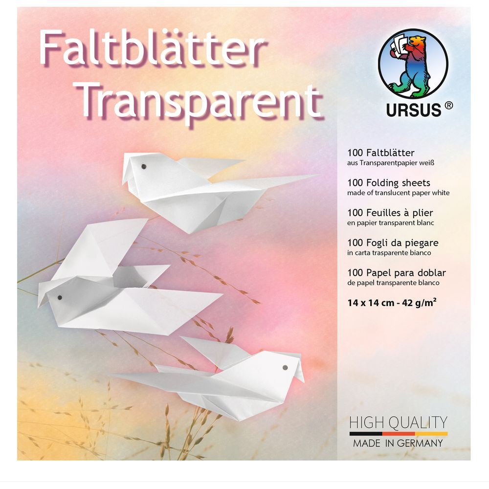 Drei weiße Origami-Vögel vor einem farbigen Hintergrund mit Gräsern.