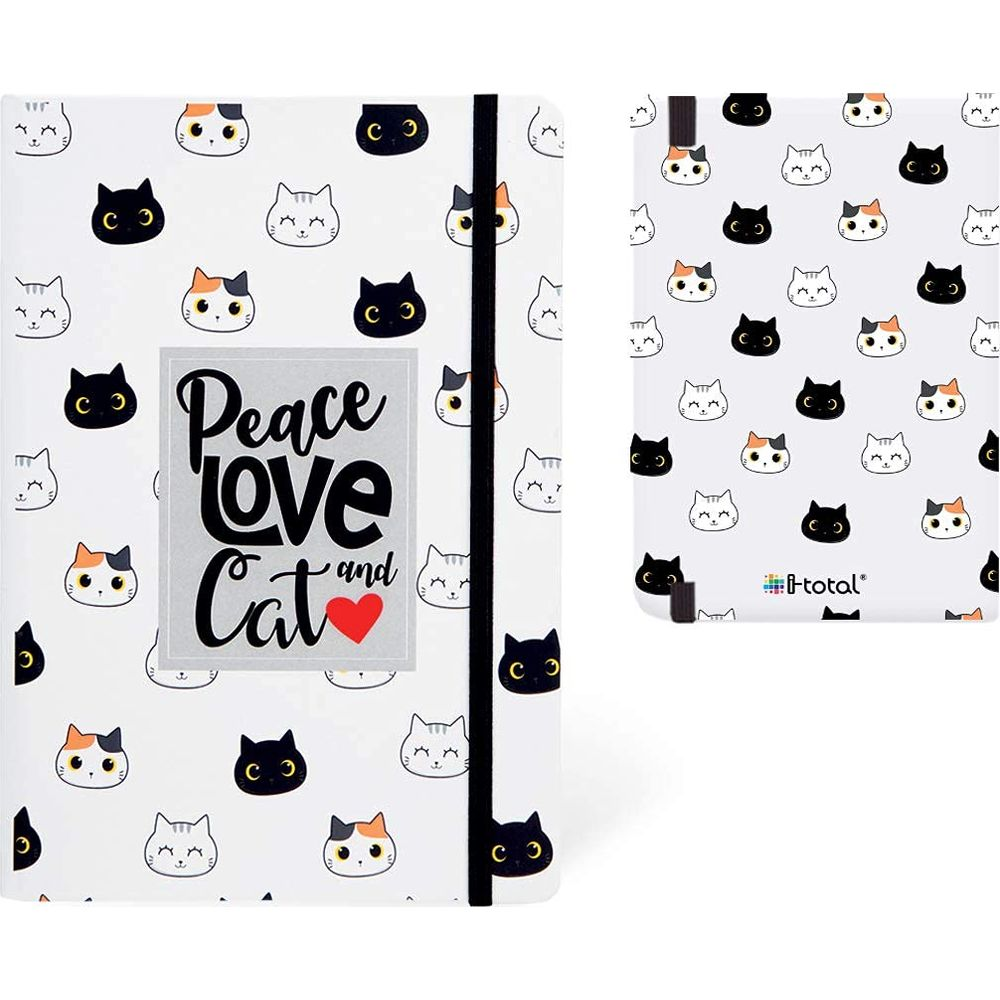 Notizbuch und Handyhülle mit süßen Katzenmotiven und Text "Peace Love Cat".