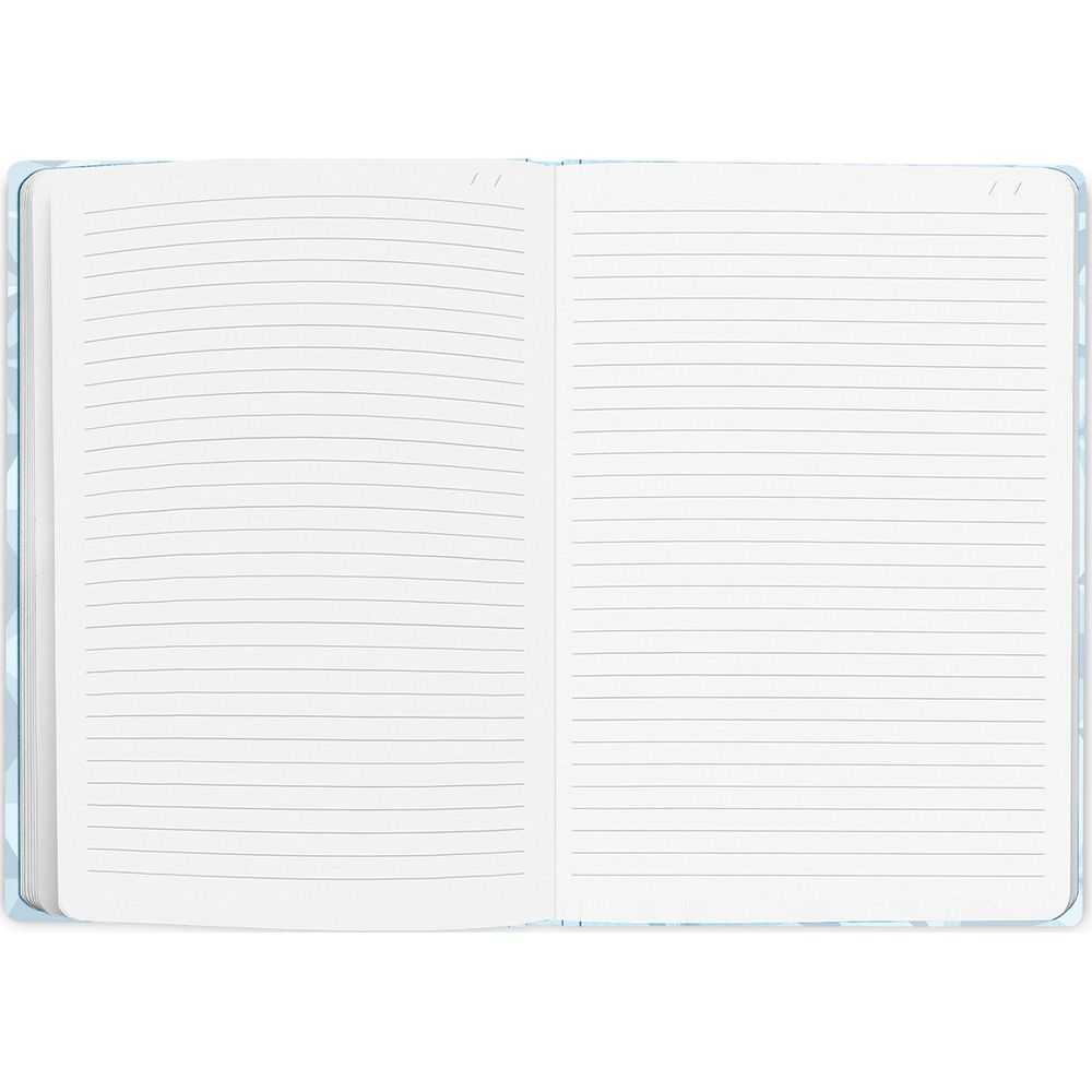 Ein offenes Notizbuch mit linierten Seiten und einem blauen Muster am Rand.