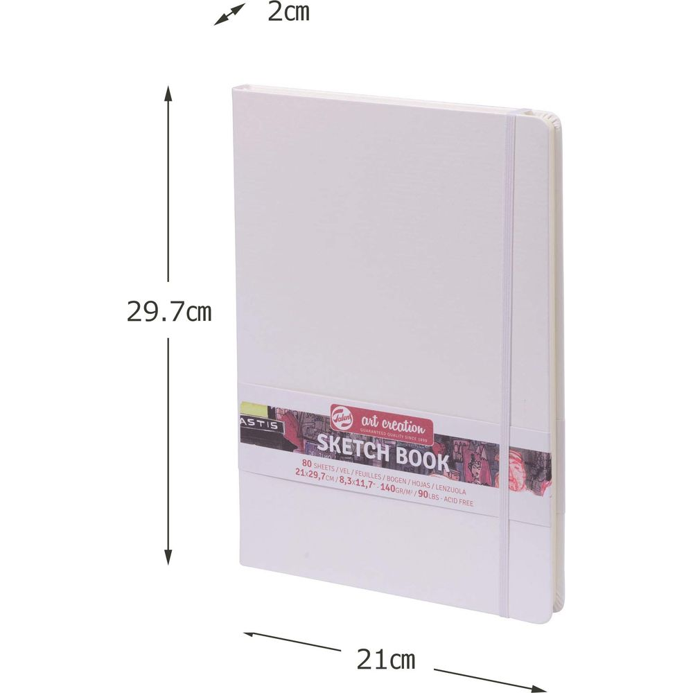 Un carnet de croquis blanc est montré. Dimensions : 29,7 cm hauteur, 21 cm largeur, 2 cm prof.