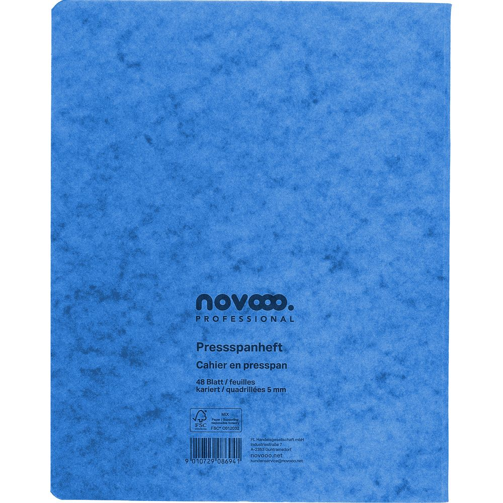 Blaue Mappe mit Aufdruck 'novooo. PROFESSIONAL', FSC-Siegel und Produktinfos.