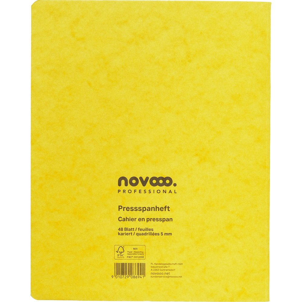 Gelbes Notizbuch mit Beschriftung: Novooo. Professional, 48 Blatt, kariert.