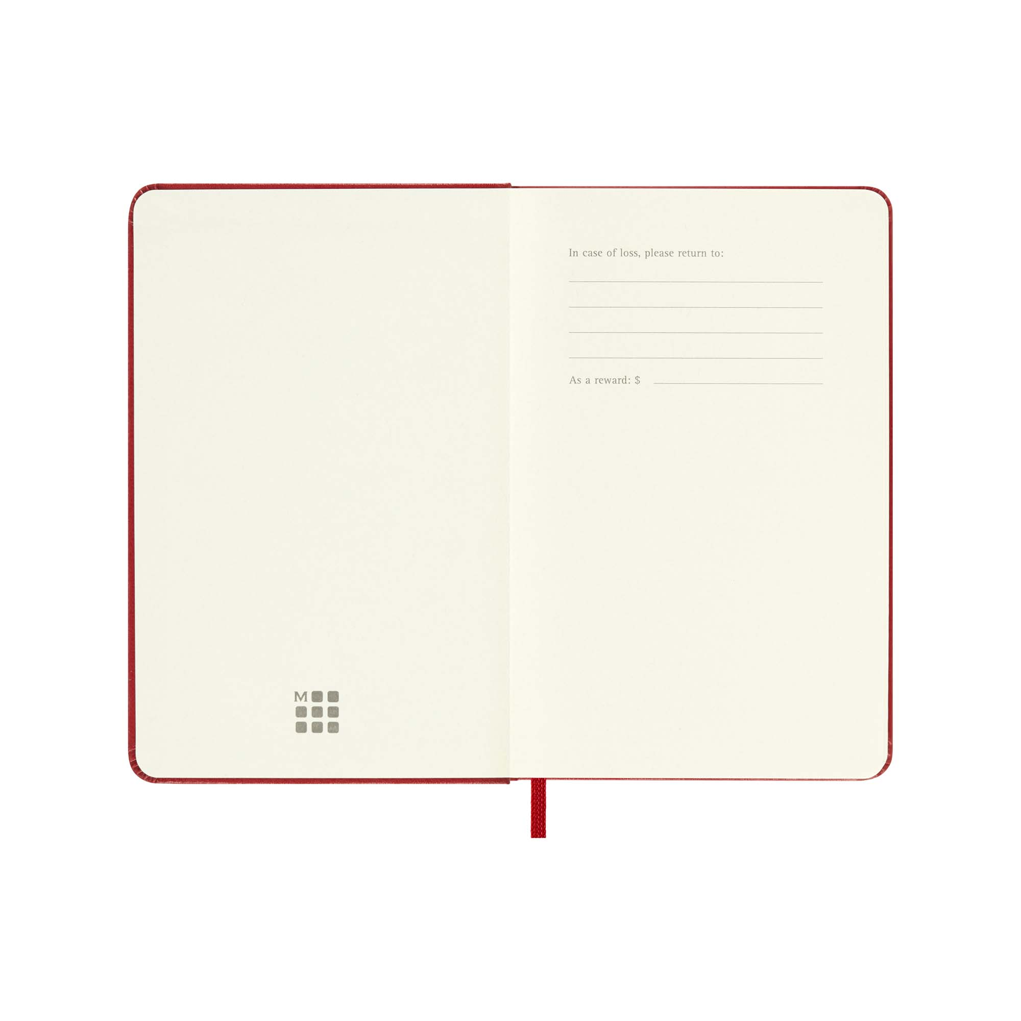 Un taccuino rosso con pagine color crema e logo Moleskine.