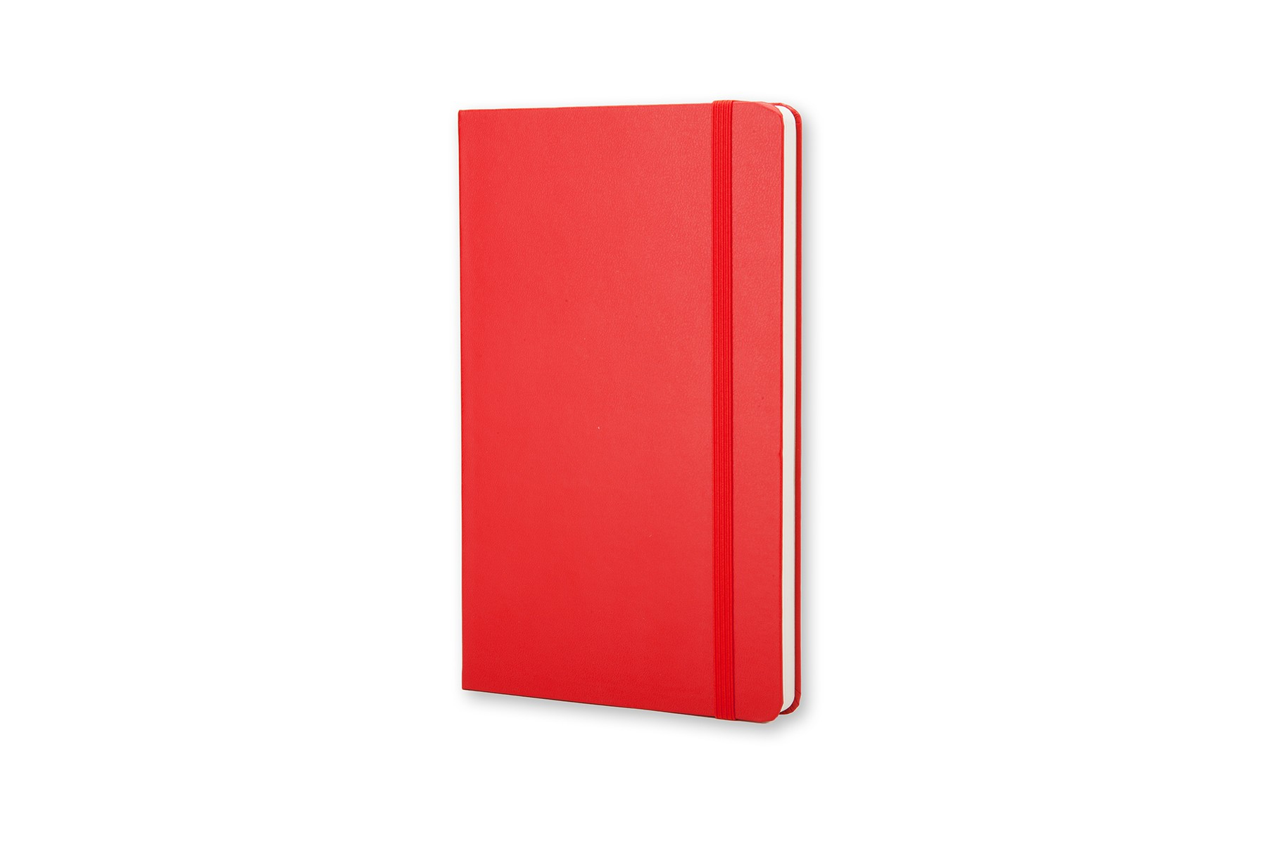 Un taccuino rosso con elastico, isolato su sfondo bianco.