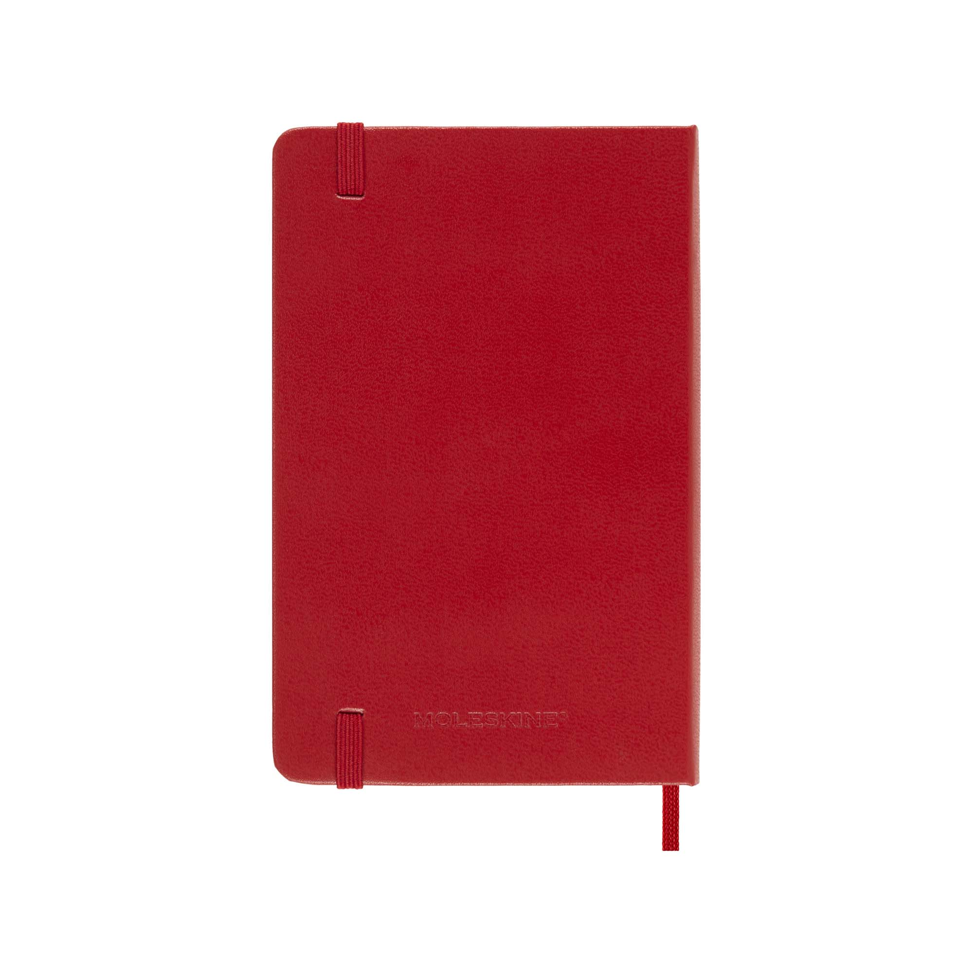 Taccuino Moleskine rosso con elastico e segnalibro.