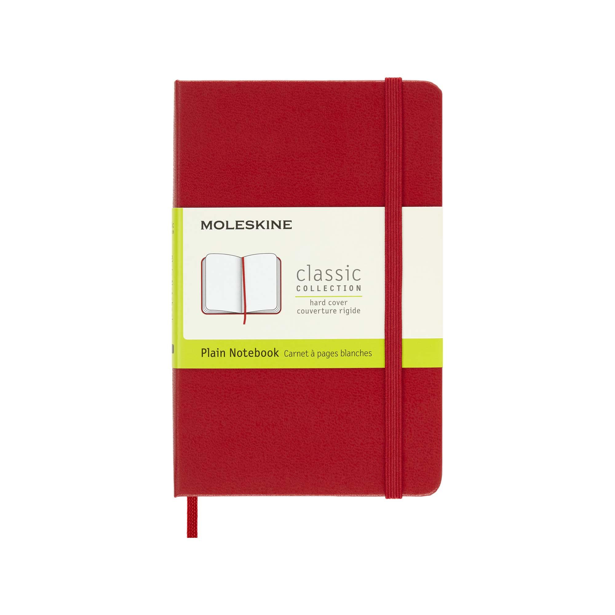 Un taccuino Moleskine rosso con elastico e segnalibro.