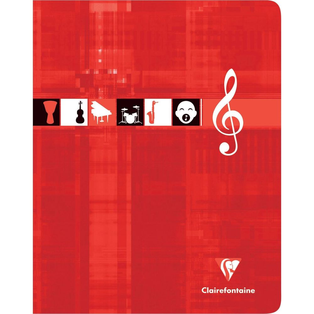 Rotes Notizbuch mit Musiksymbolen: Trommel, Gitarre, Klavier, Saxophon, Kopf.