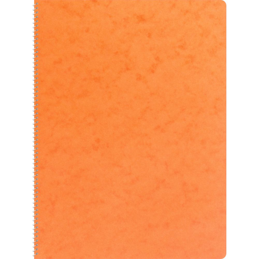 Cahier orange avec reliure spirale sur le côté gauche.