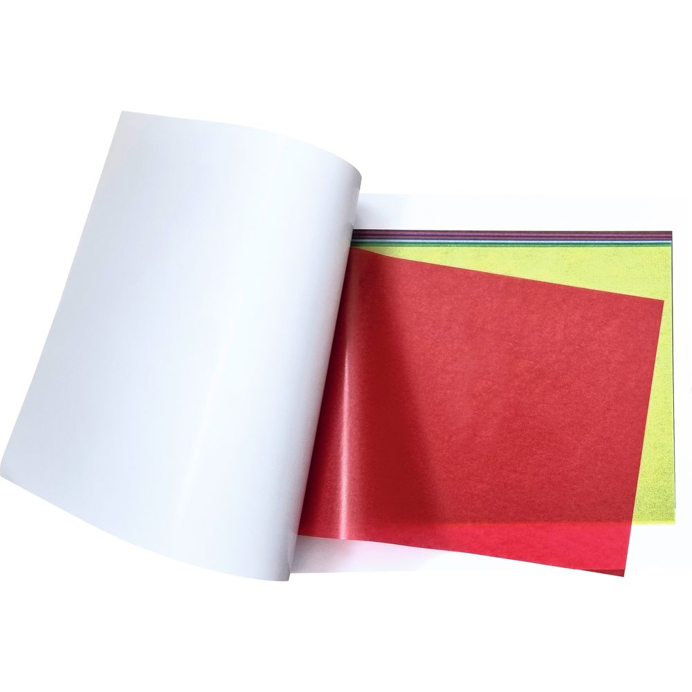 Ein aufgeschlagenes Notizbuch mit roten und gelben Seiten. Weiße Blätter.