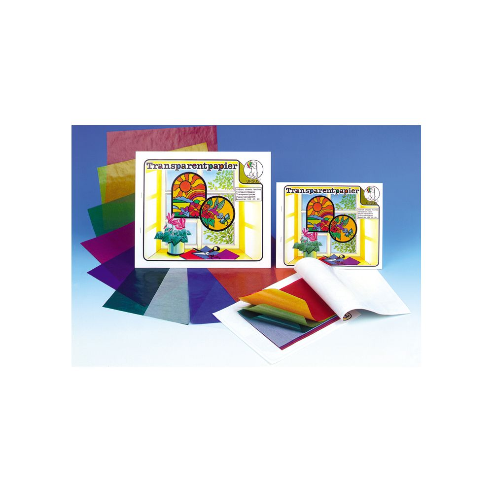 Bunte Transparentpapierbögen mit Packungen, die einen sonnigen Fensterblick zeigen.