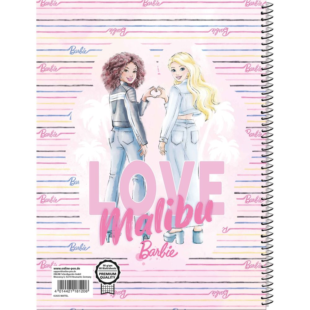 Zwei Barbie-Figuren machen ein Herz mit ihren Händen, LOVE Malibu Schriftzug.