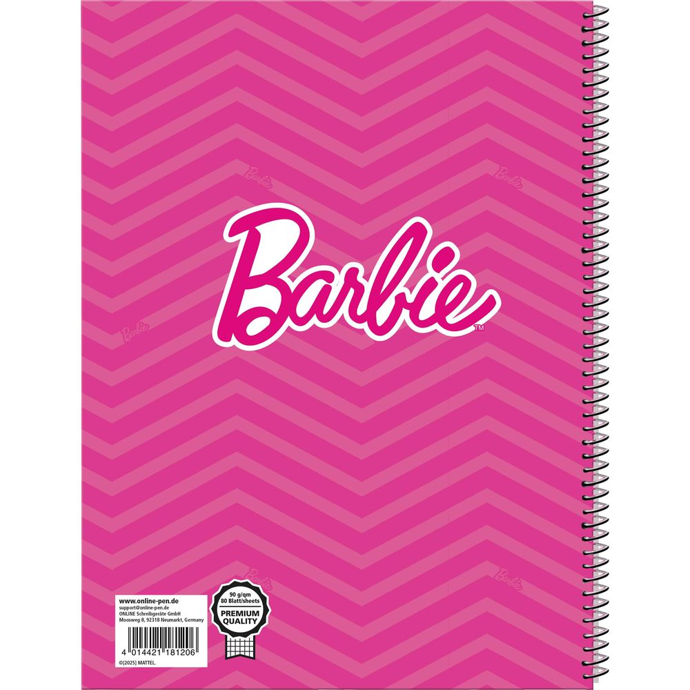 Ein pinkes Notizbuch mit einem Zackenmuster und dem Barbie-Logo.