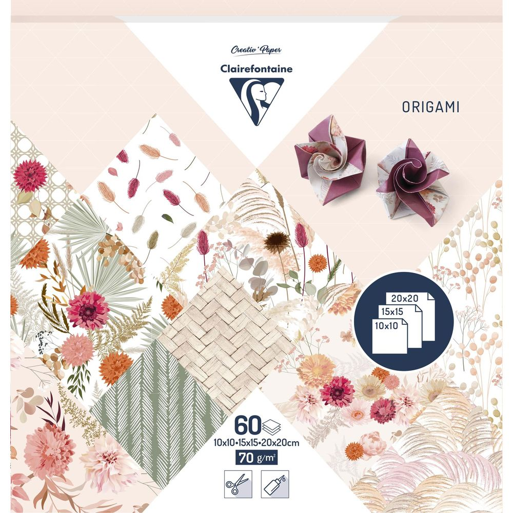 Carta per origami Clairefontaine; 60 fogli di varie misure e fantasie.