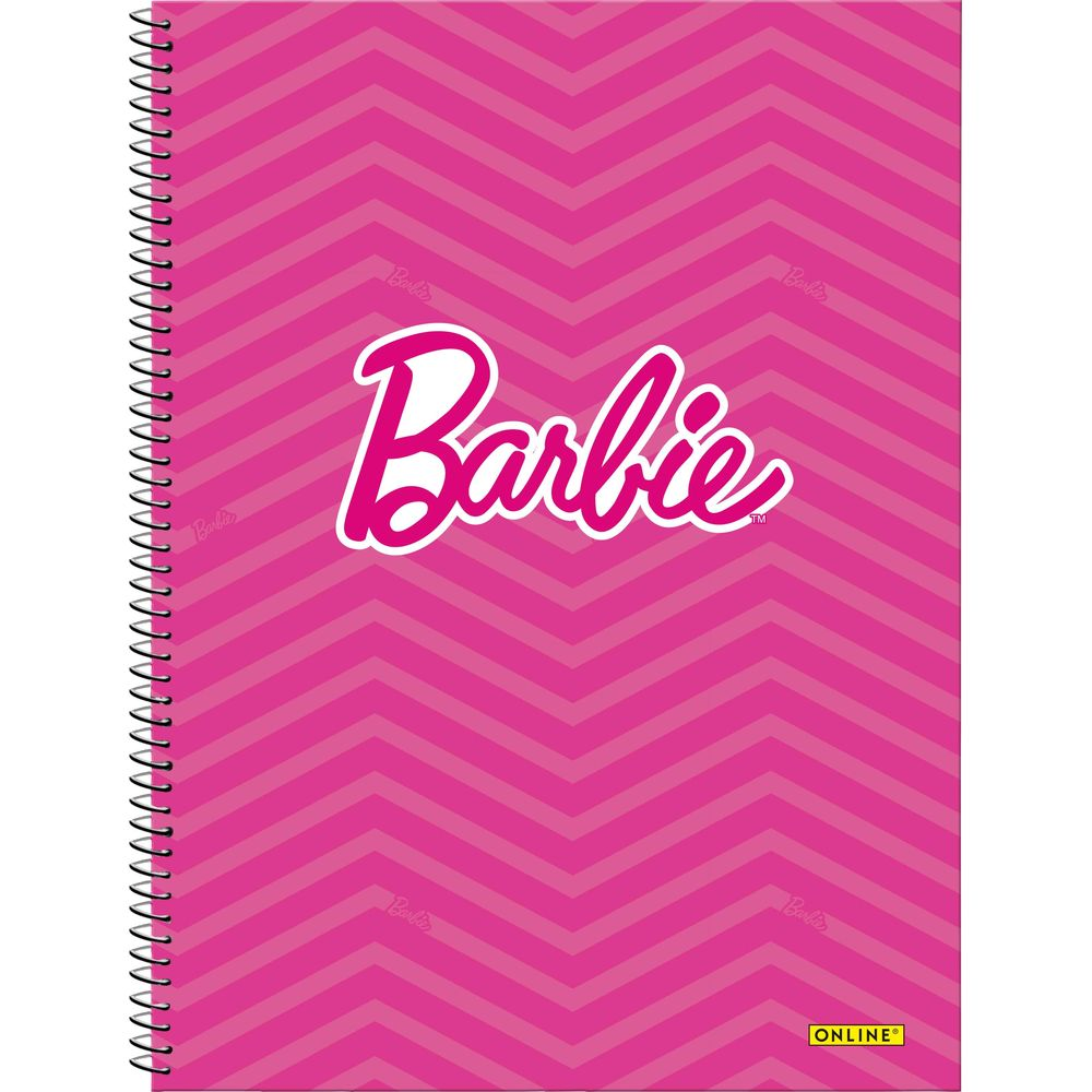 Ein pinkes Notizbuch mit einem Zickzackmuster und dem Barbie-Logo.