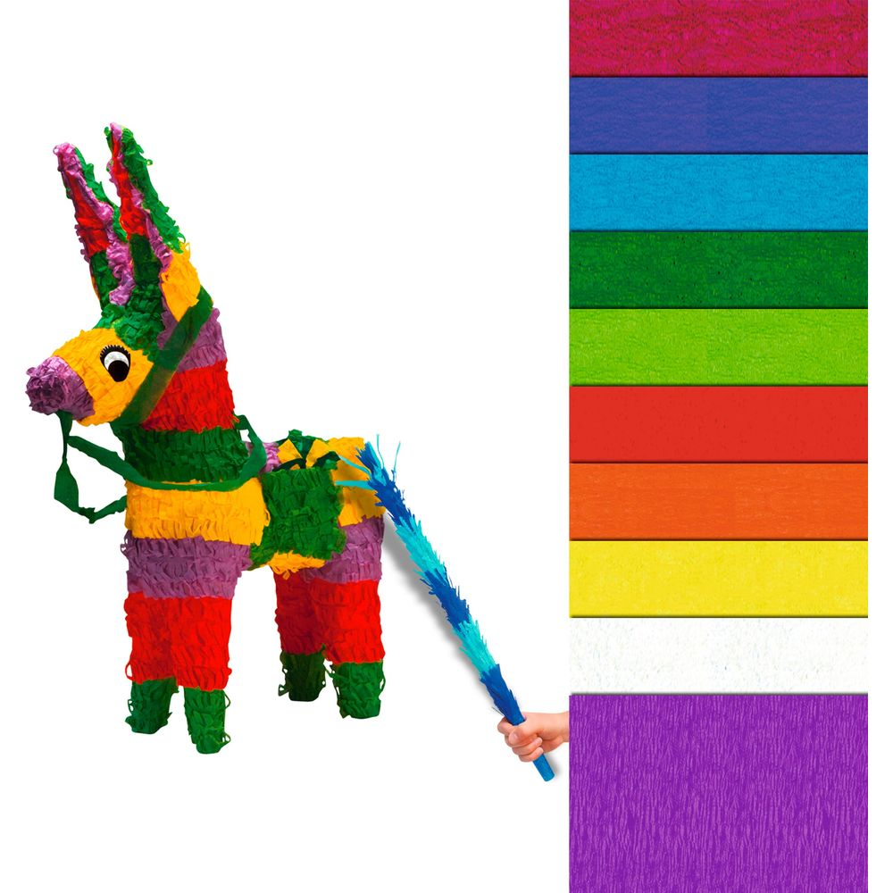 Bunte Esel-Piñata mit einem Stock in der Hand daneben.