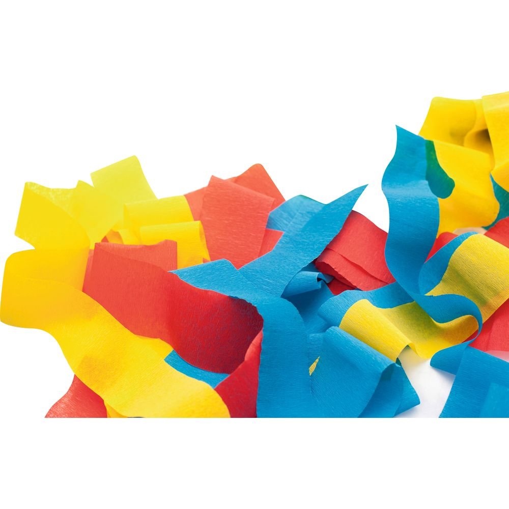 Buntes Krepppapier in Rot, Gelb und Blau liegt übereinander.