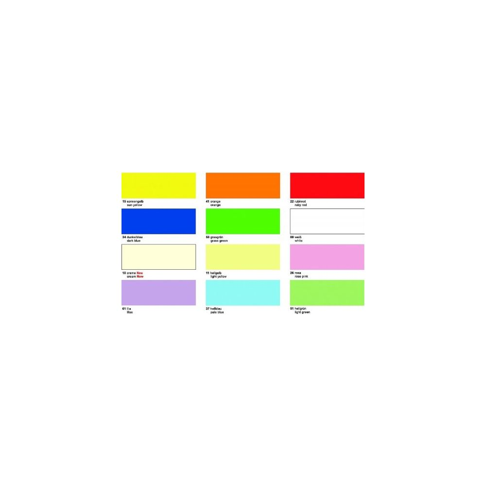 Échantillons de couleur avec jaune, orange, rouge, bleu, vert, blanc, lilas, bleu clair, rose et vert clair.
