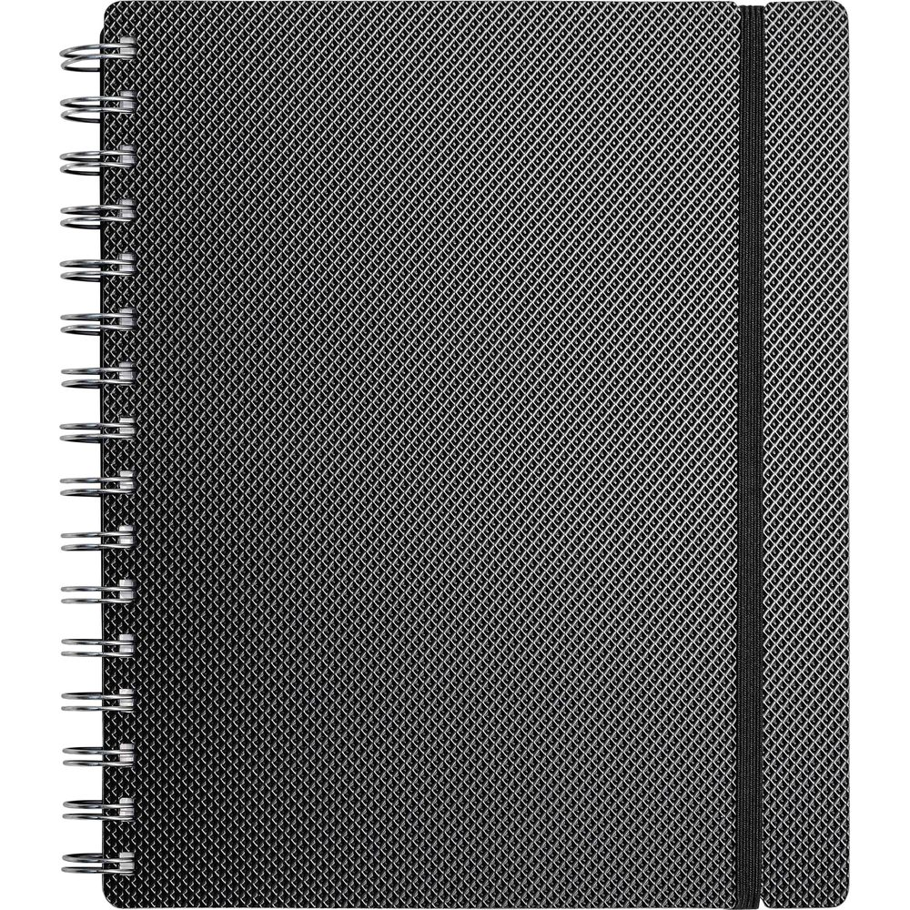 Carnet noir à spirale avec élastique. Motif en losange sur la couverture.