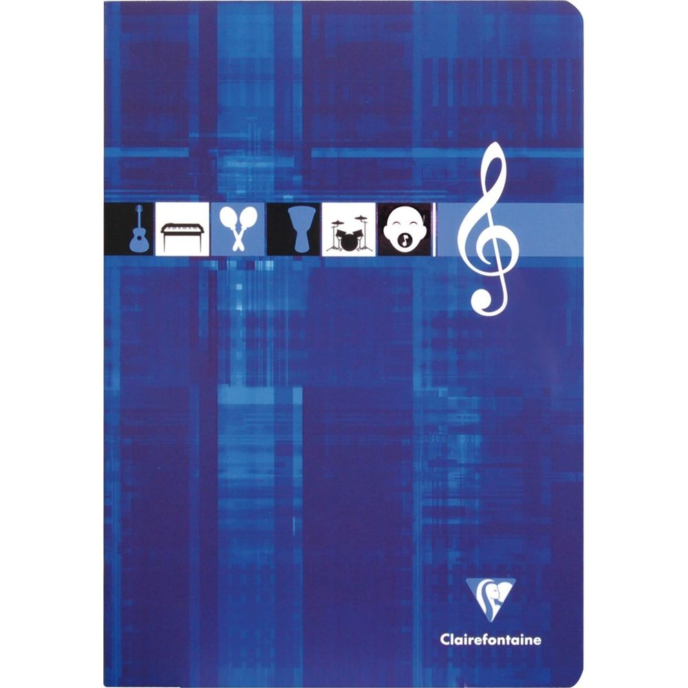 Blaues Notizbuch mit Musiksymbolen: Gitarre, Klavier, Trommeln, Baby.