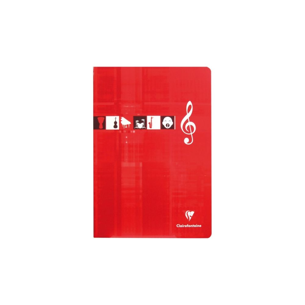 Rotes Notizbuch mit Musikmotiven: Notenschlüssel, Gitarre, Klavier, Schlagzeug.