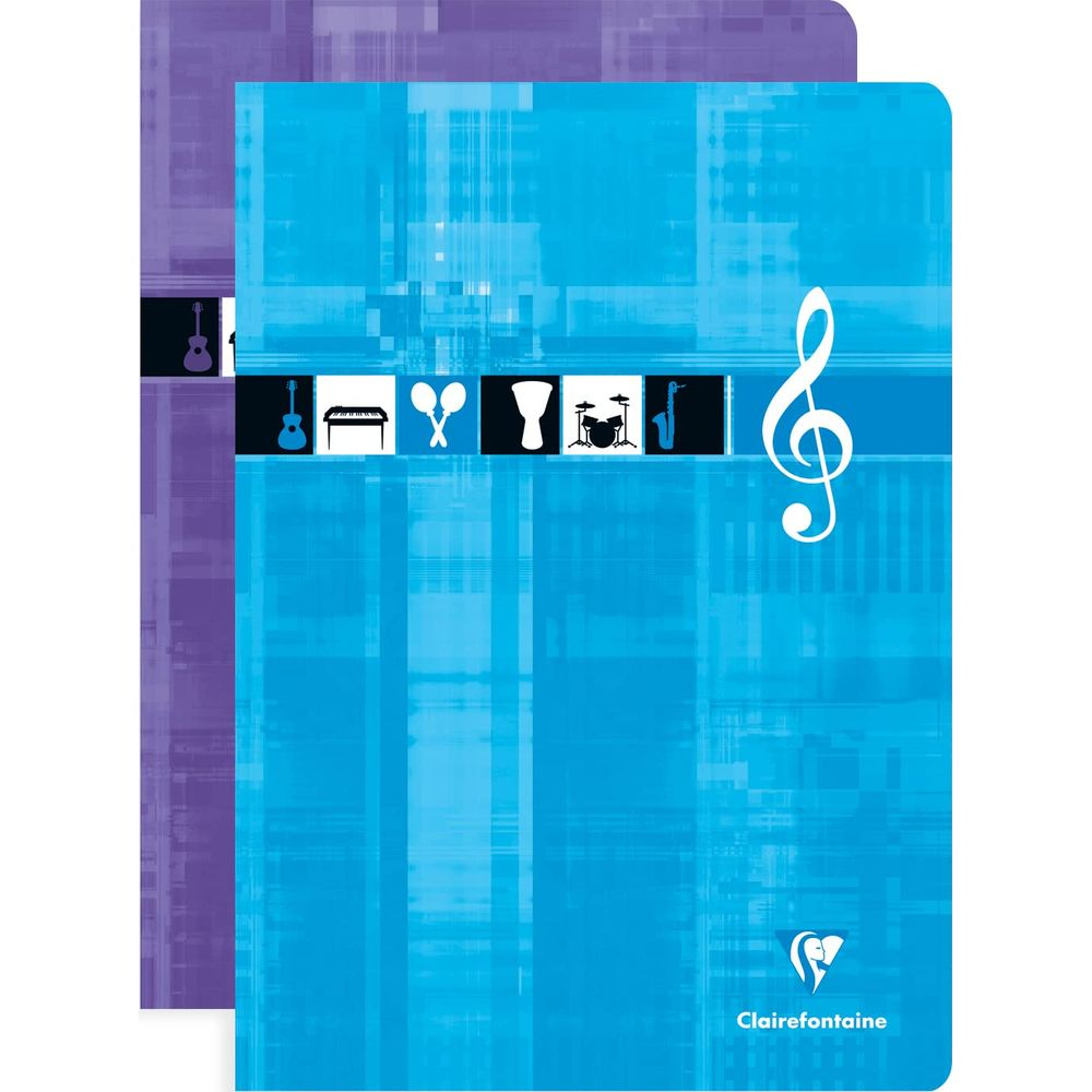 Ein blauer Notizbuch-Einband mit Musiksymbolen und vertikalen Linien.