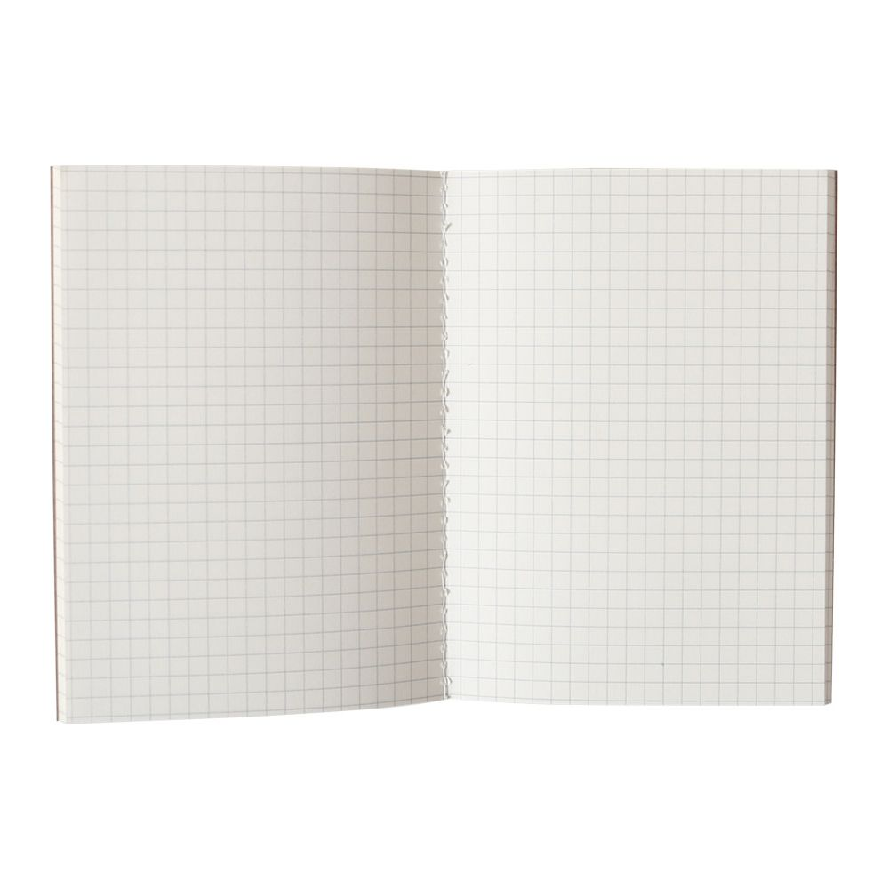 Ein offenes Notizbuch mit karierten Seiten. Die Seiten sind weiß mit grauen Linien.