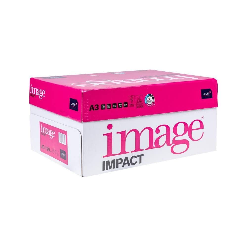 Une boîte de papier A3 étiquetée 'image IMPACT' en rose et blanc.