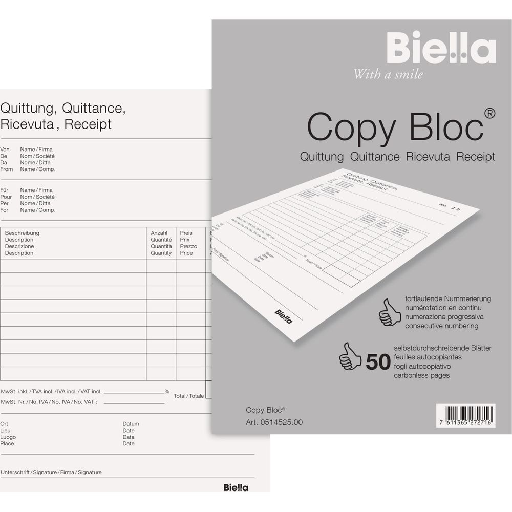 Biella Copy Bloc Quittungsblock mit fortlaufender Nummerierung und 50 Blatt.