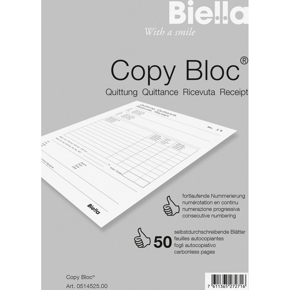 Biella Copy Bloc mit fortlaufender Nummerierung und 50 selbstdurchschreibenden Blättern.