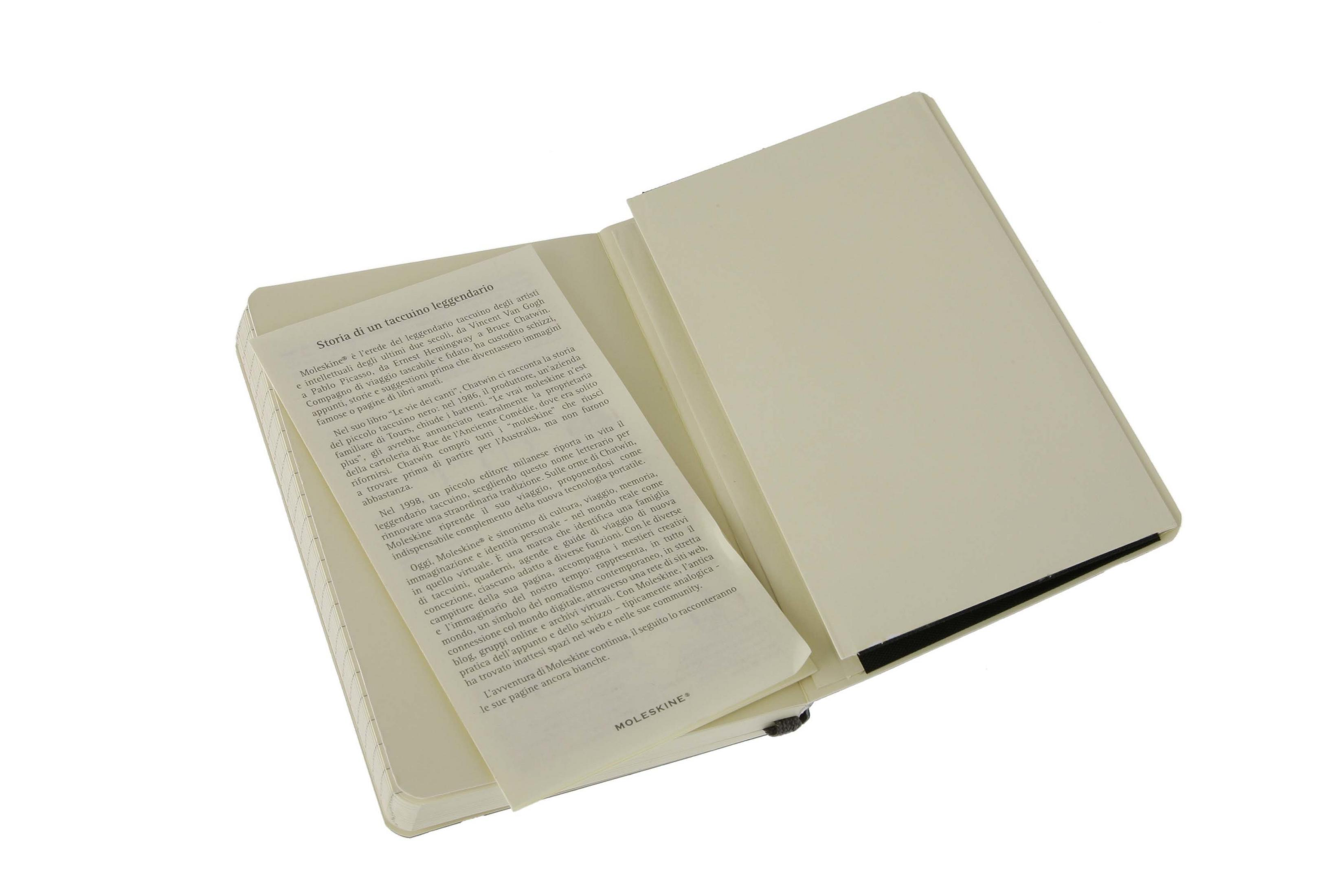 Ein offenes Notizbuch mit cremefarbenen Seiten und Text auf der linken Seite.