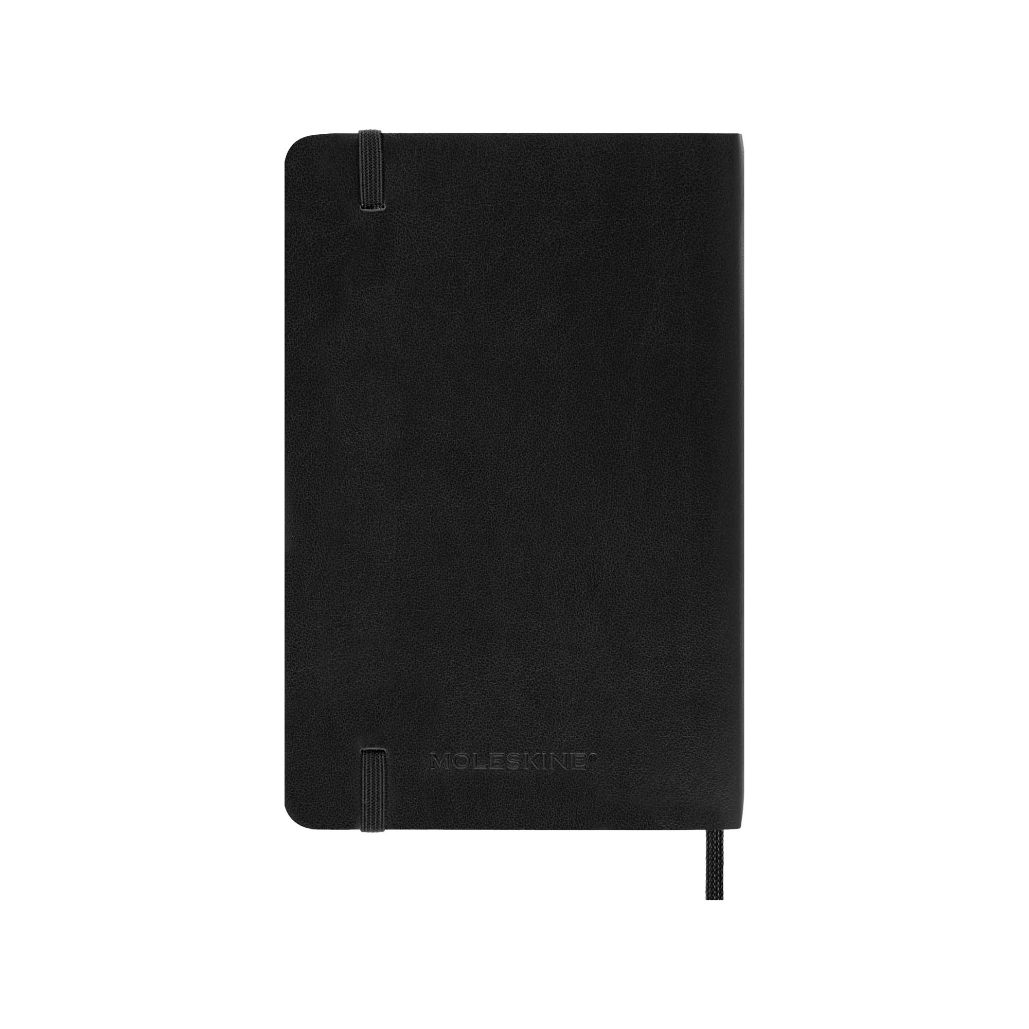 Ein geschlossenes schwarzes Moleskine-Notizbuch mit Gummiband und Lesezeichen.