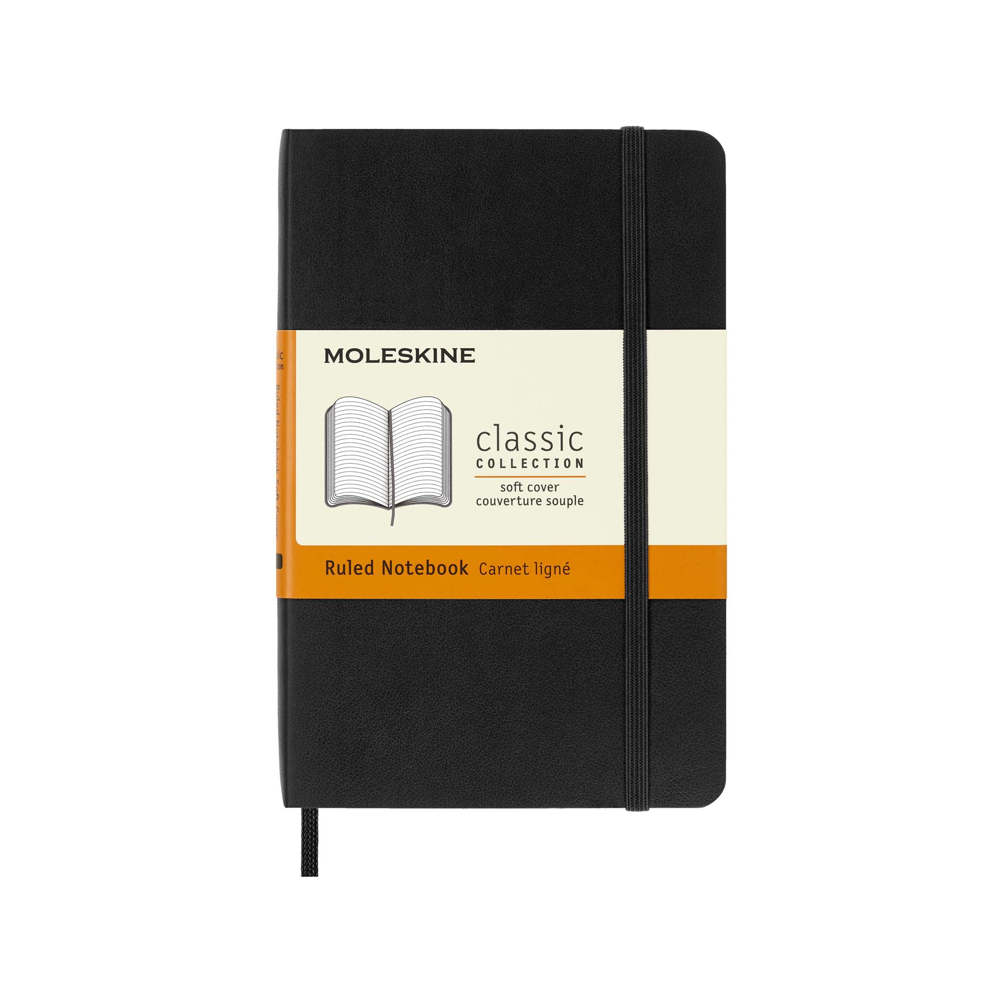 Schwarzes Moleskine Notizbuch mit Einband und Gummiband. Zeigt eine geöffnete Seite.
