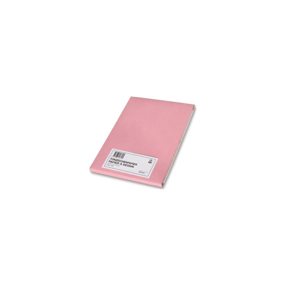 Una pila di carta da disegno rosa chiaro con etichetta giace su sfondo bianco.