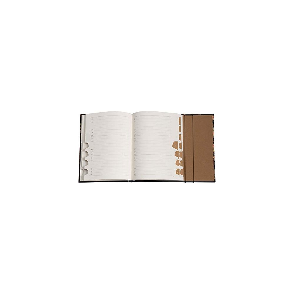 Ein geöffnetes Notizbuch mit linierten Seiten und alphabetischen Registerkarten.