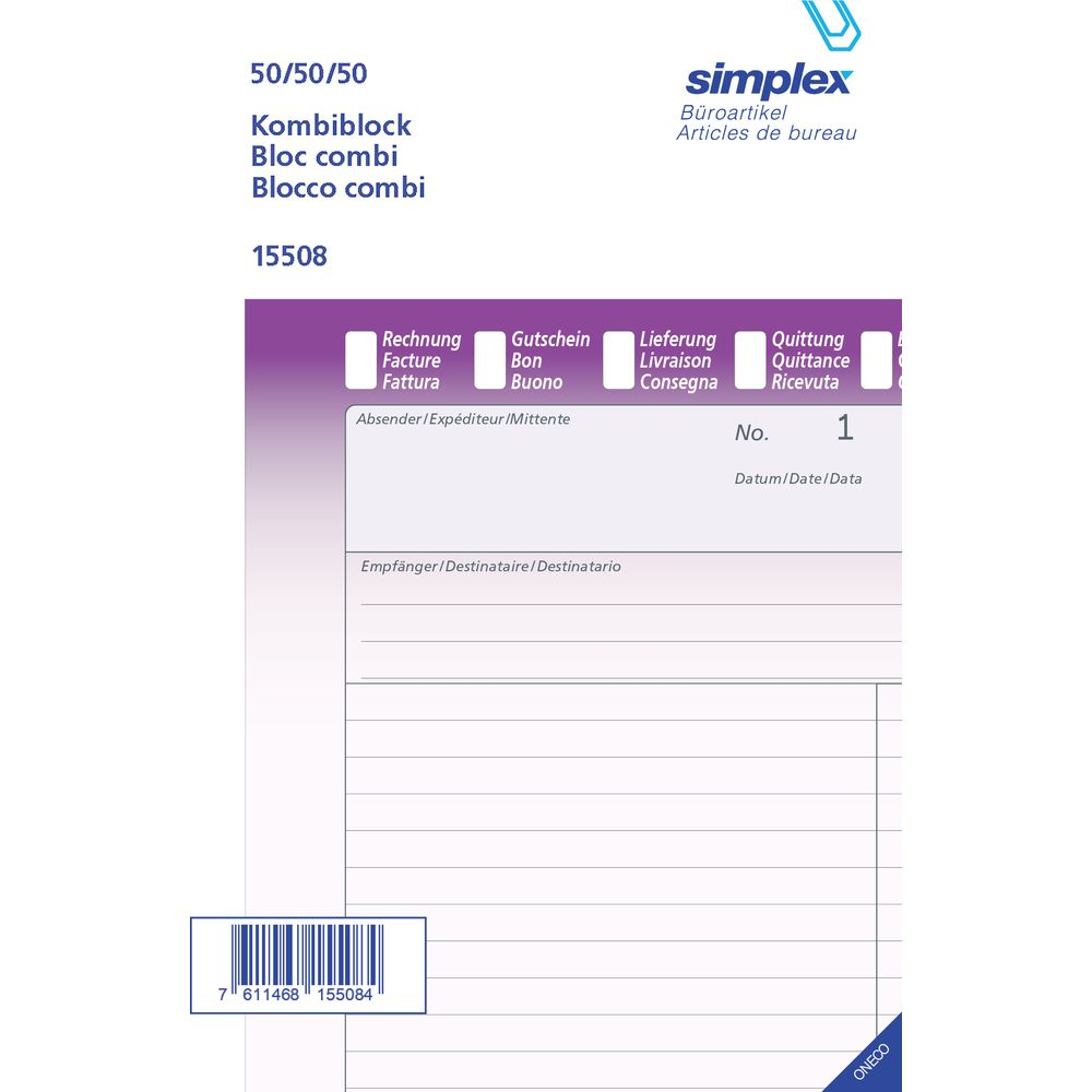 Ein Formular mit der Aufschrift "50/50/50 Kombiblock" und dem Simplex-Logo.
