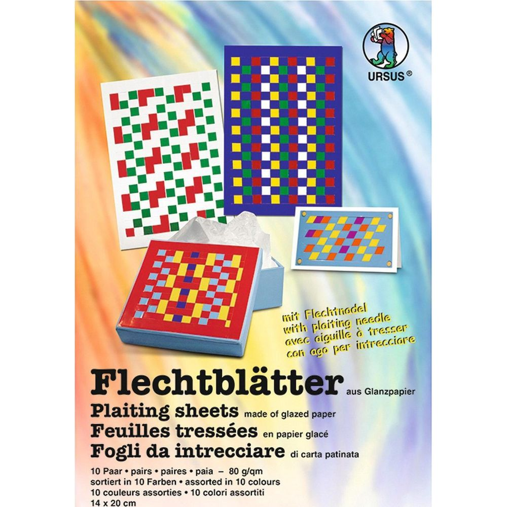 Bunte Flechtpapierbögen in einer Schachtel und auf Karten.