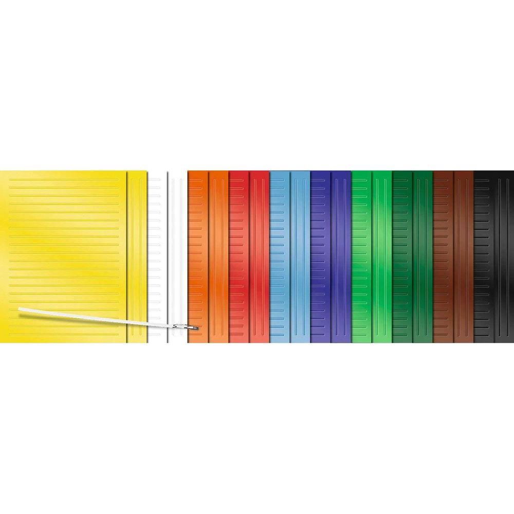 Eine Reihe von farbigen Ordnern, darunter Gelb, Weiß, Orange, Rot, Blau, Lila, Grün, Braun und Schwarz.