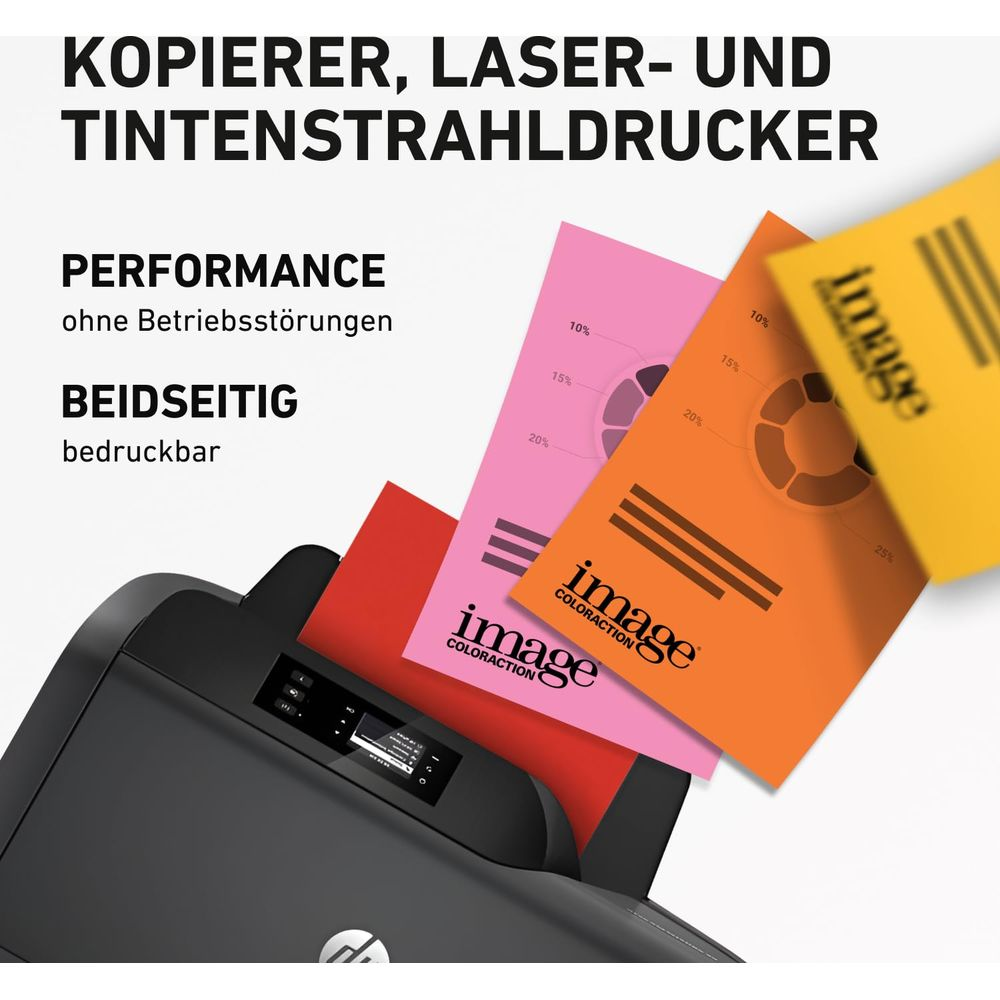 Ein schwarzer Drucker mit bunten Papieren und Diagrammen daneben.