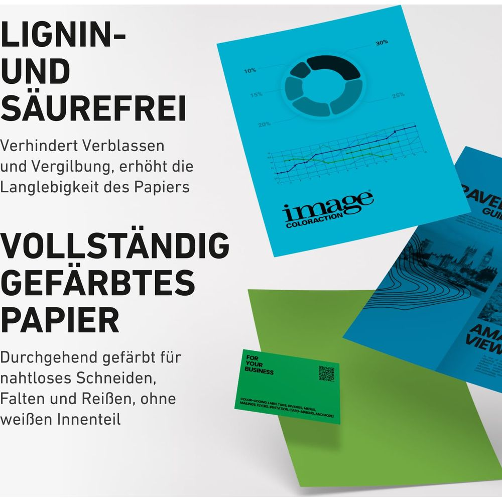 Lignin- und säurefreies, vollfarbiges Papier mit Grafiken und Text.