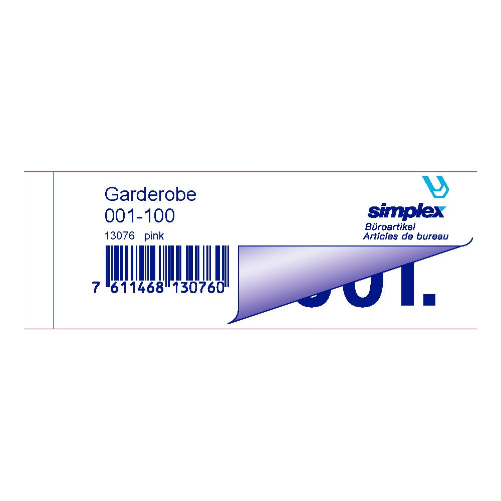 Étiquette avec 'Garderobe 001-100', code-barres et logo 'simplex'.