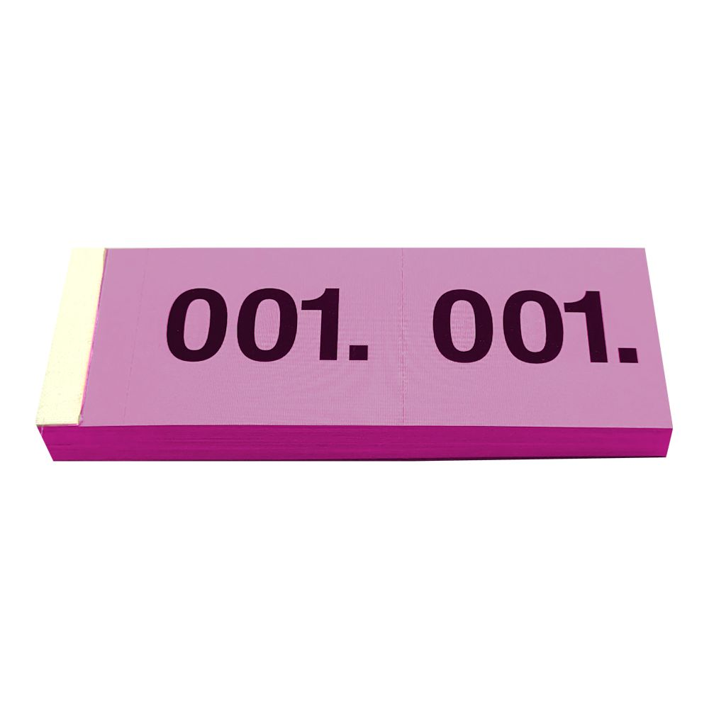 Une pile de billets roses avec '001. 001.' imprimé, sur fond blanc.