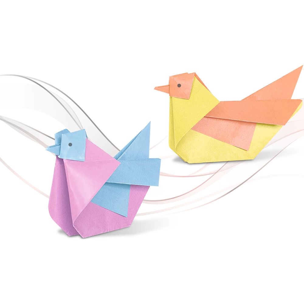 Deux oiseaux en origami, un rose et bleu, l'autre jaune et orange.