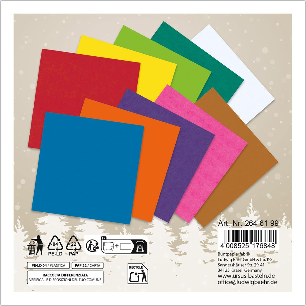 Fogli di carta colorata a ventaglio. Simboli di riciclo e info prodotto.