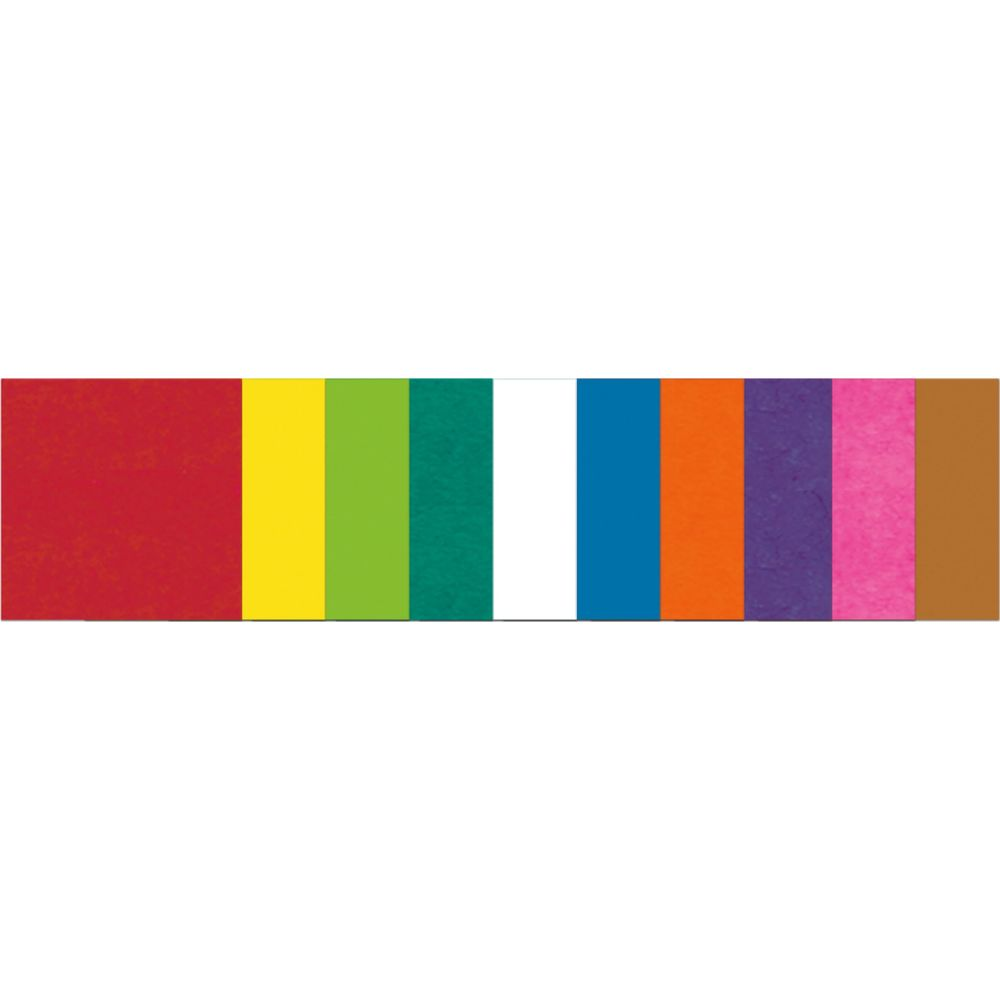 Fila di strisce di carta colorate: rosso, giallo, verde, turchese, bianco, blu, arancione, viola, rosa, marrone.