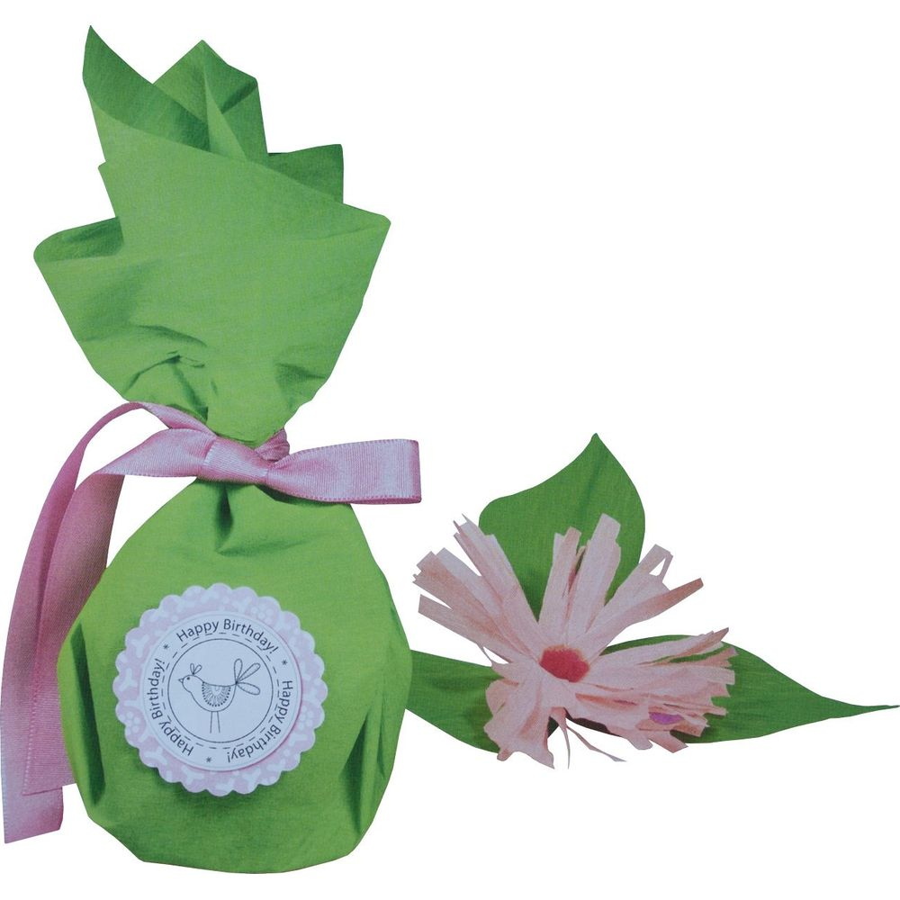 Papier cadeau vert, ruban rose, autocollant oiseau, fleur rose pâle.