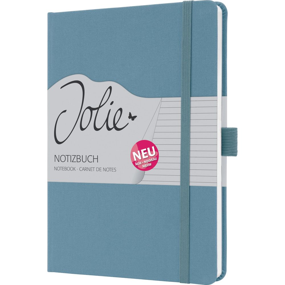 Un taccuino blu con la scritta Jolie e NEU.