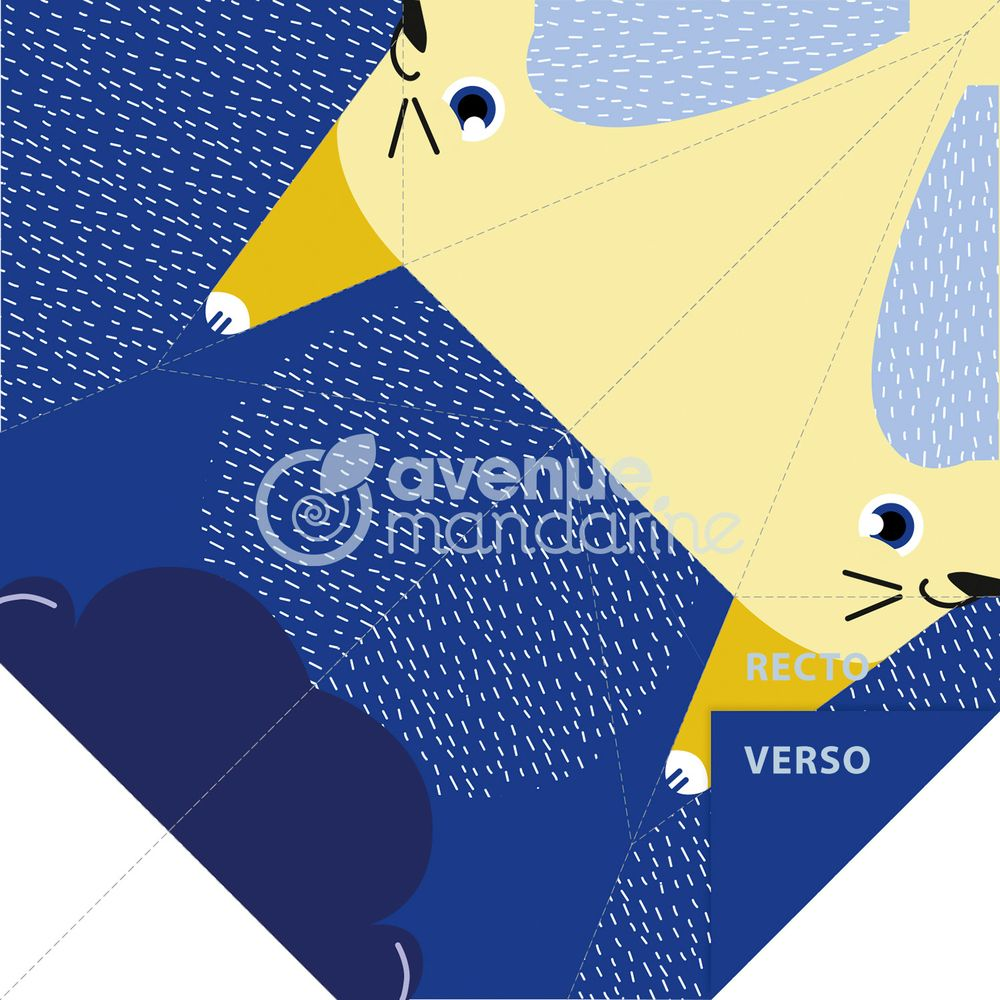 Due gatti gialli con occhi blu su sfondo blu con punti bianchi.