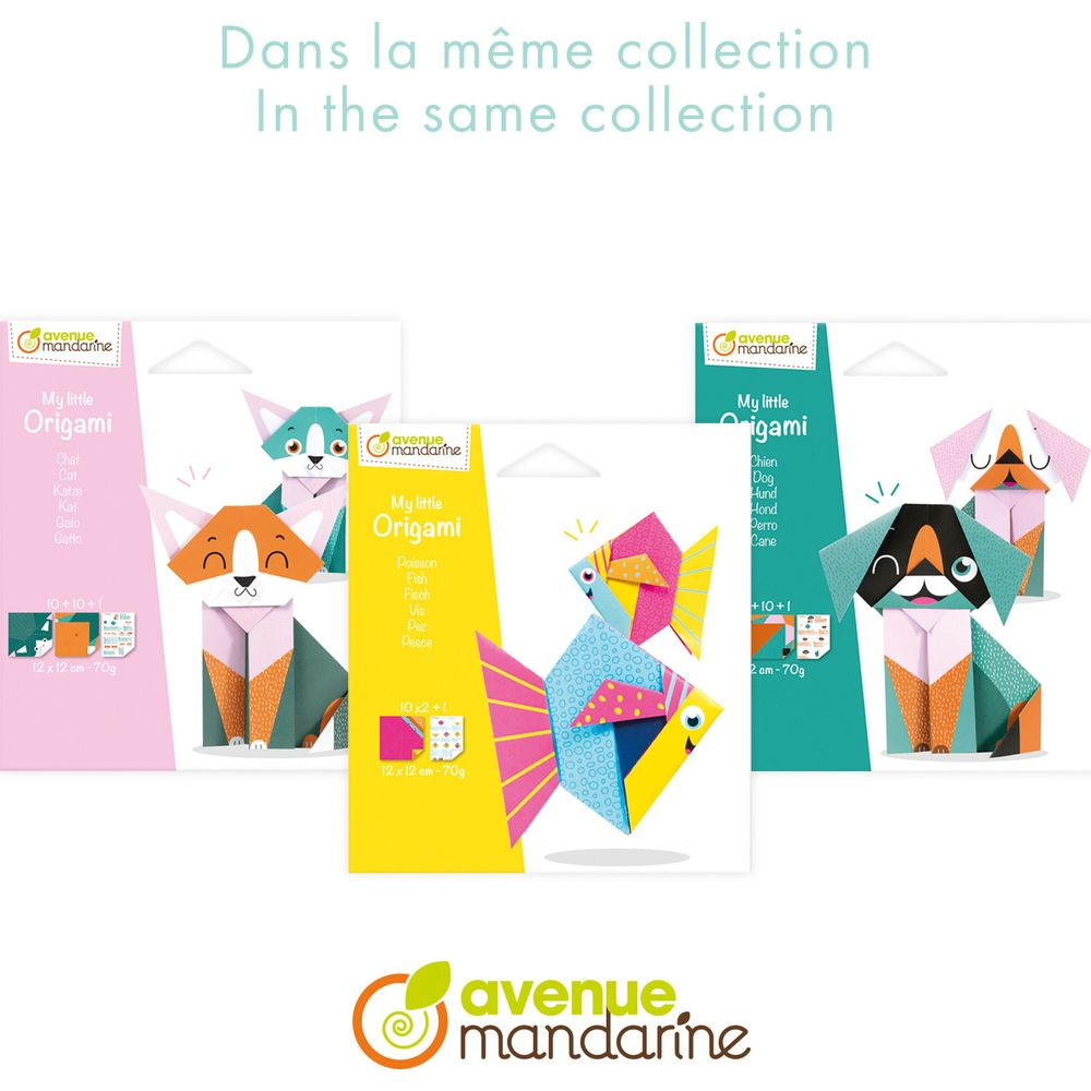 Kit origami con animali: gatto, pesce e cane in confezioni colorate.