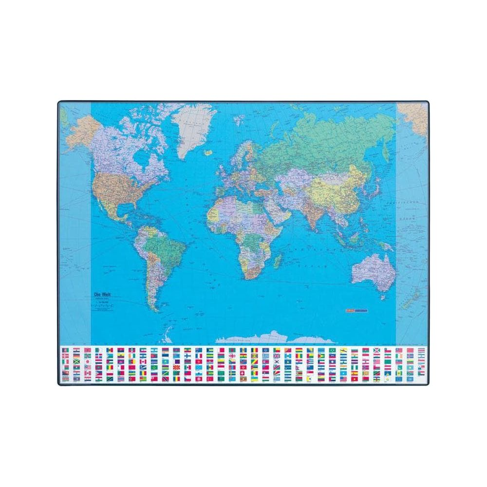Une carte du monde avec de nombreux drapeaux de pays en bas sur fond bleu.